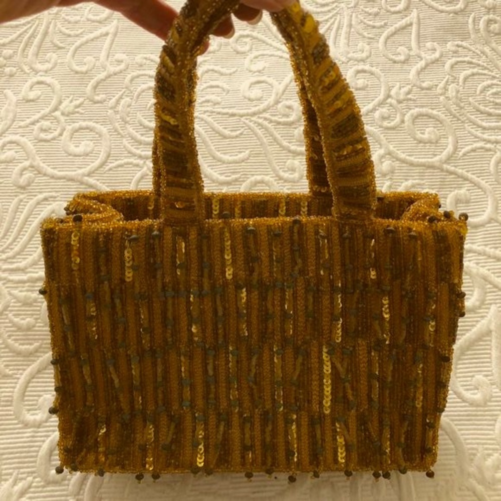 VINTAGE Pierre Urbach Beaded Mini Party Bag Gold with Mid-Green Beads Purse